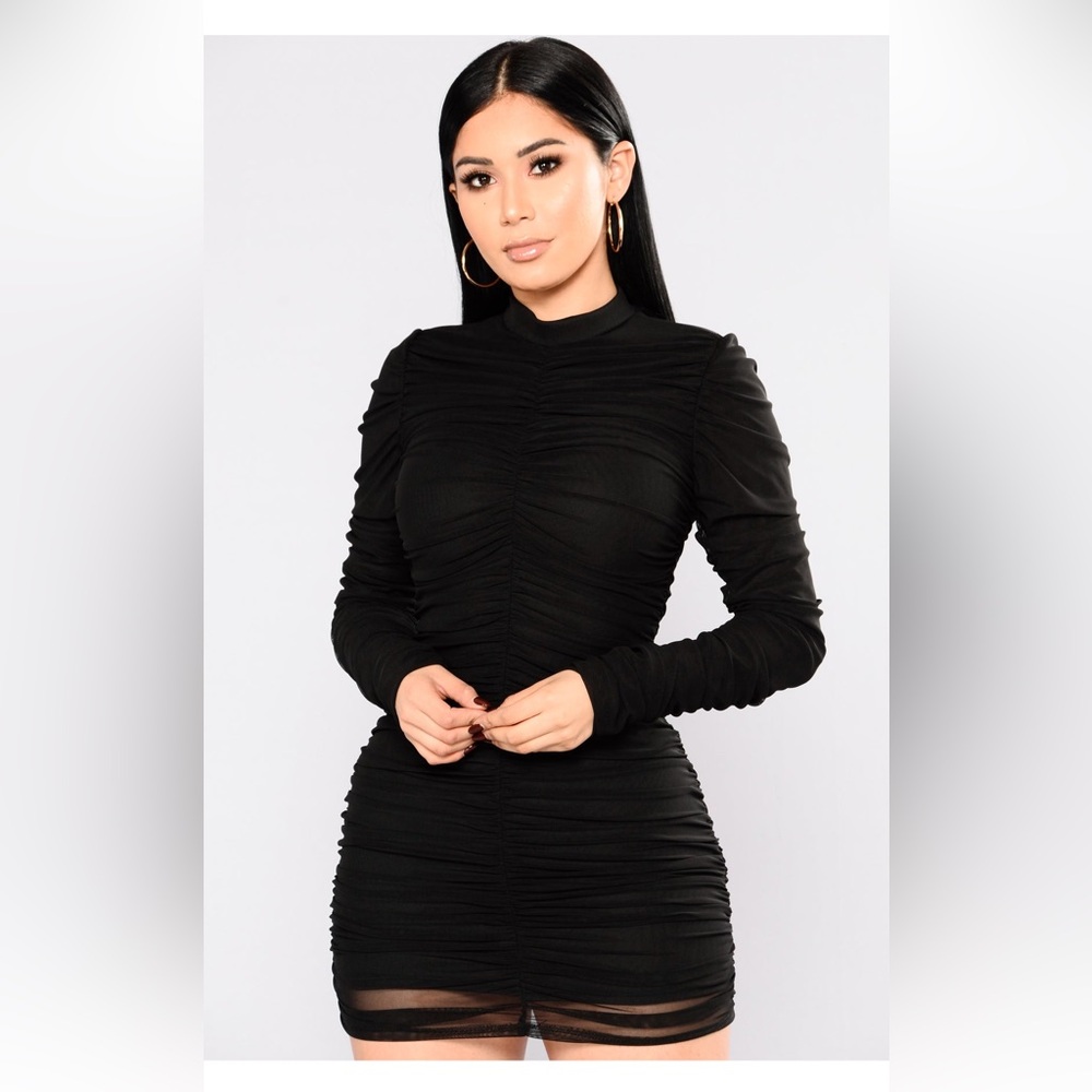 Fashion Nova Black Ruched Long Sleeve Bodycon Mini Dress